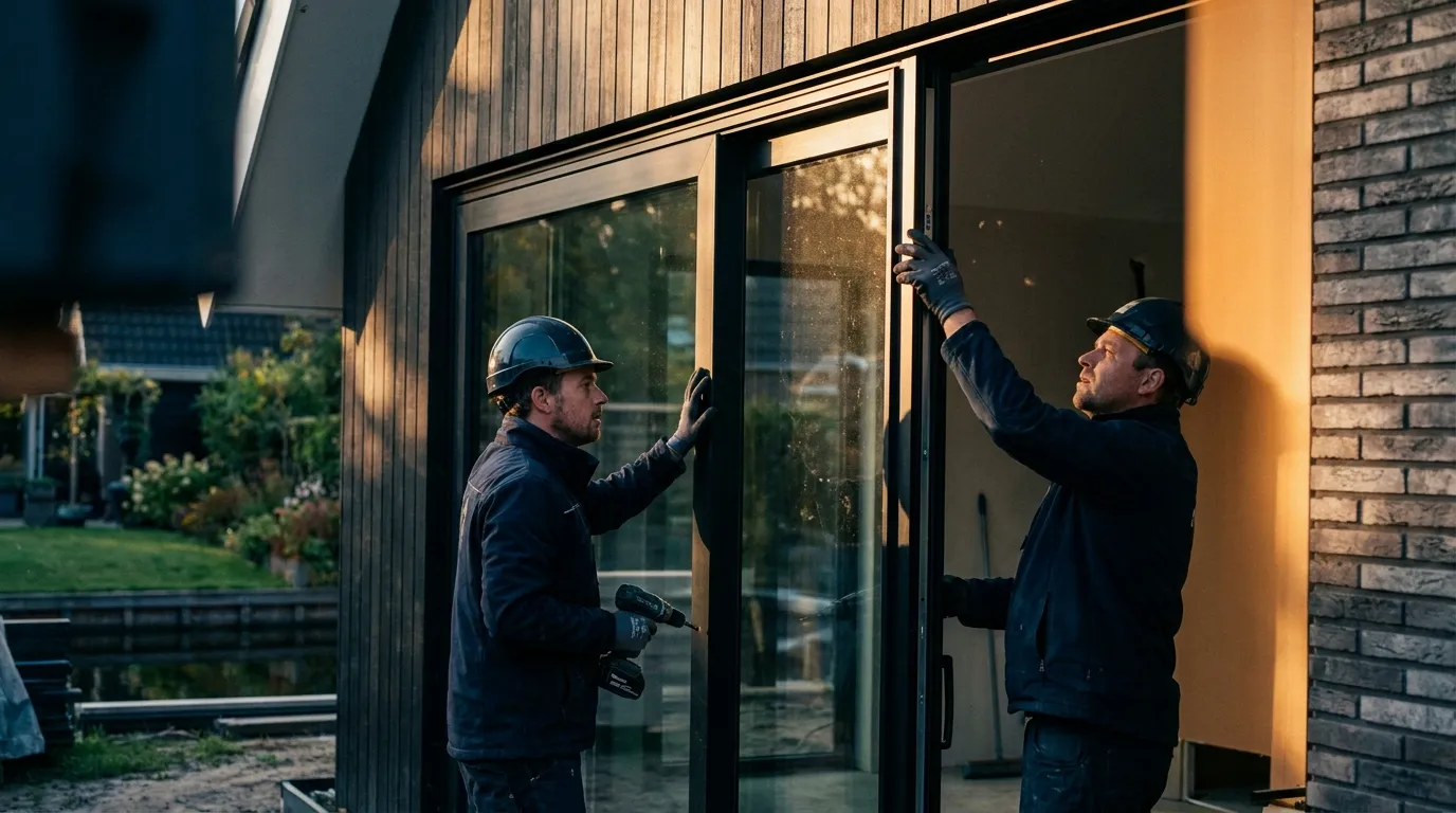 Twee monteurs plaatsen een grote schuifpui in een moderne woning bij avondlicht