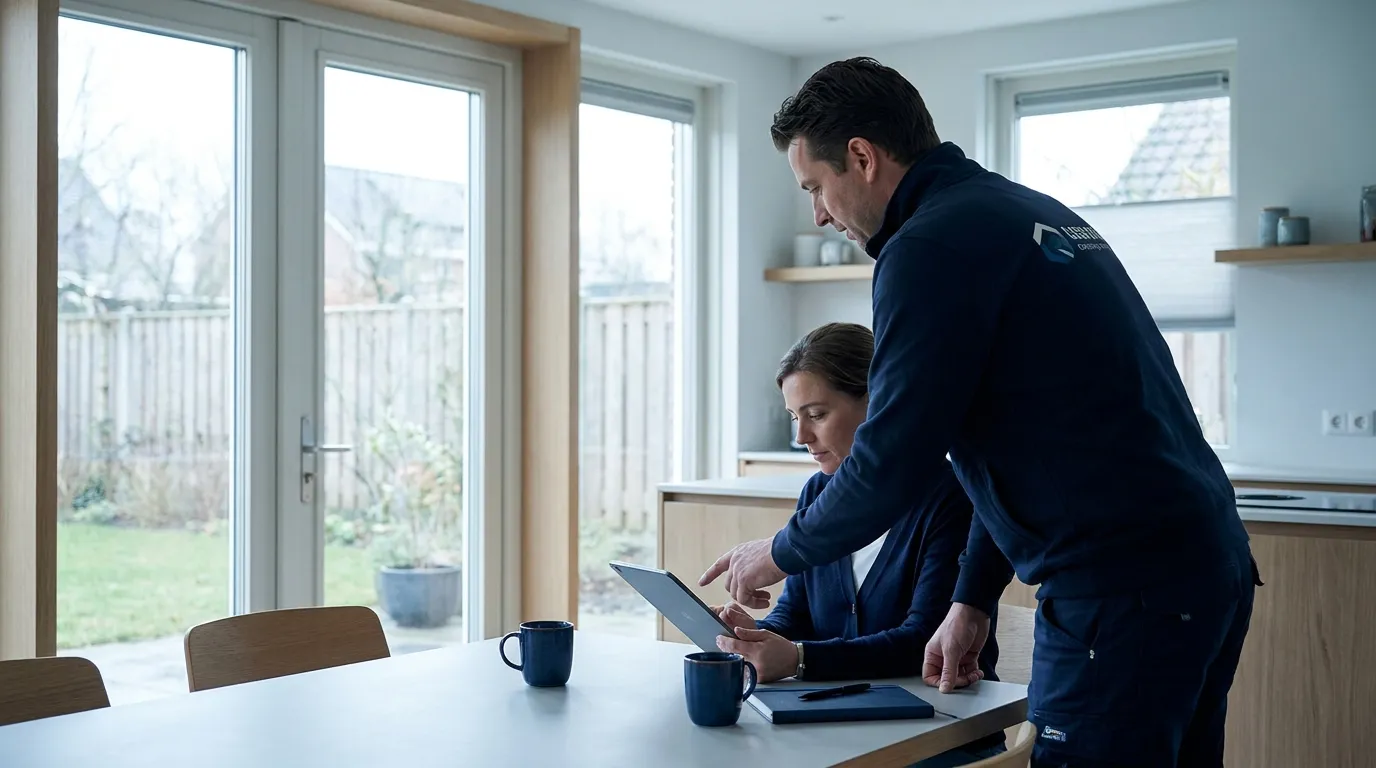 Monteur toont een offerte op een tablet aan klanten aan de keukentafel