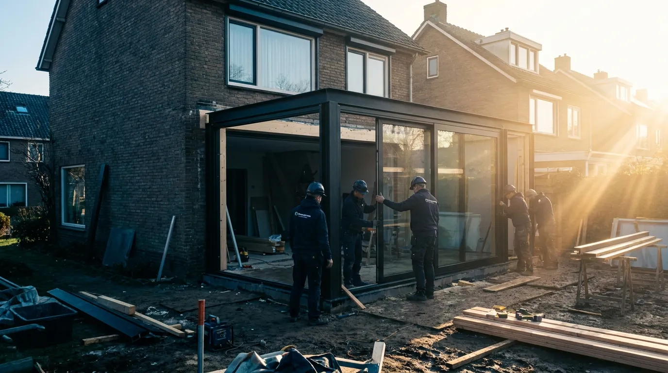 Fertig-Anbauten an einem modernen Haus, montiert von einem Montageteam