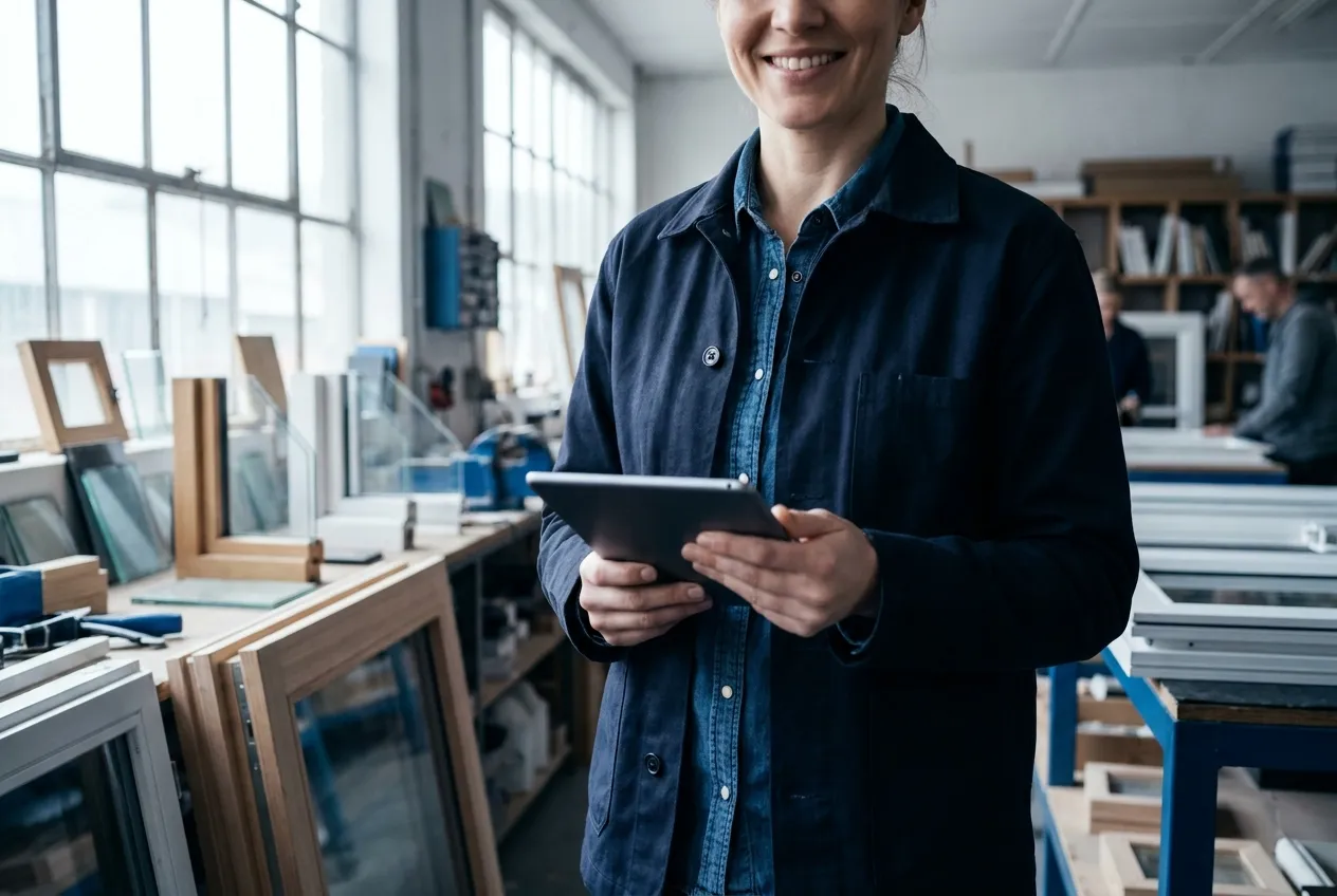Empresario con ropa de trabajo y una tableta en su taller